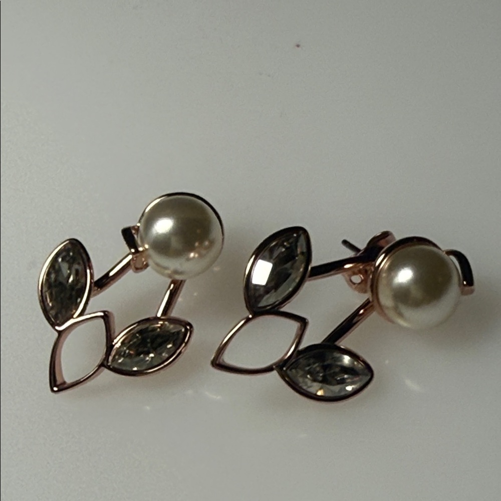 Elegant Feux Pearl and Crystal Leaf Earrings
